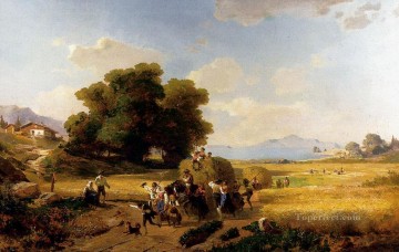  Harvest Painting - The last Day Of The Harvest landscape scenery Franz Richard Unterberger